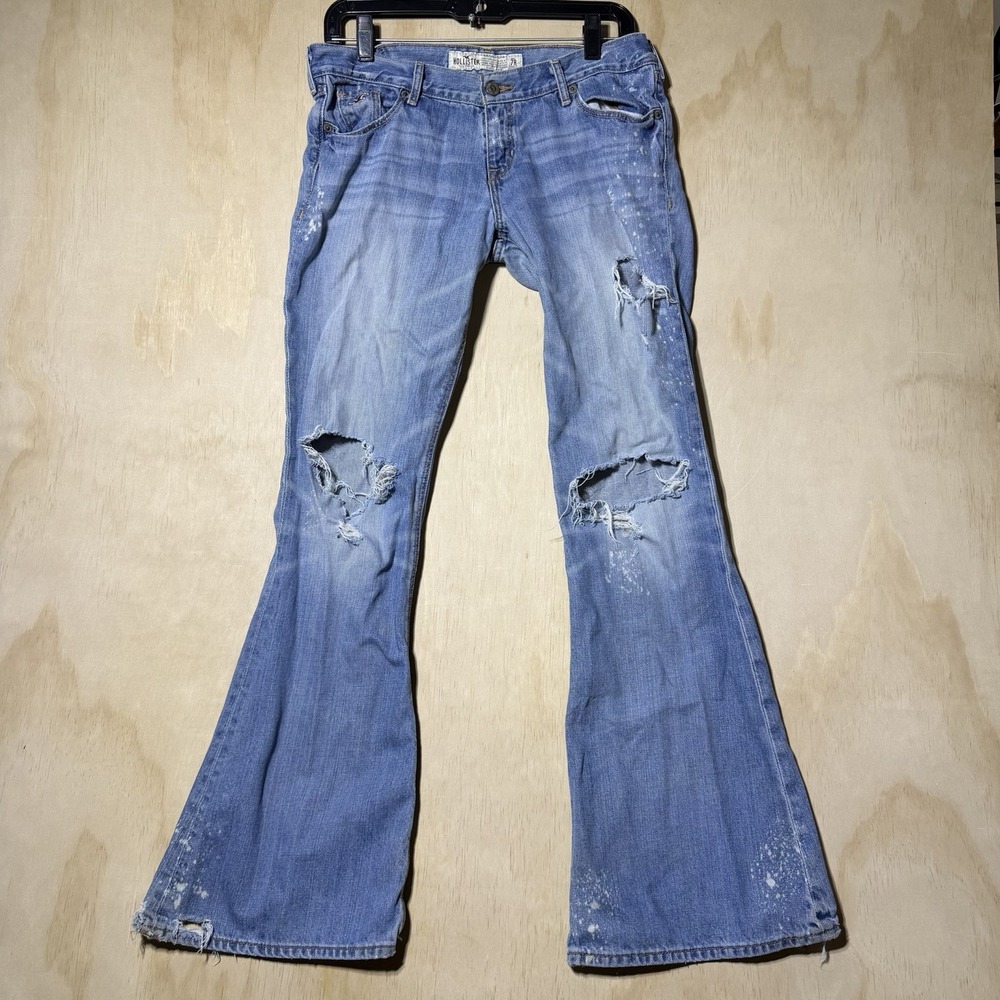 Hollister Women's 7R Low Rise Flare Jeans Distressed Paint Splatter Y2K Denim